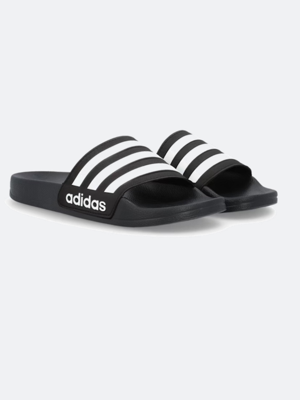Adidas Black Slides with White Three-Stripes